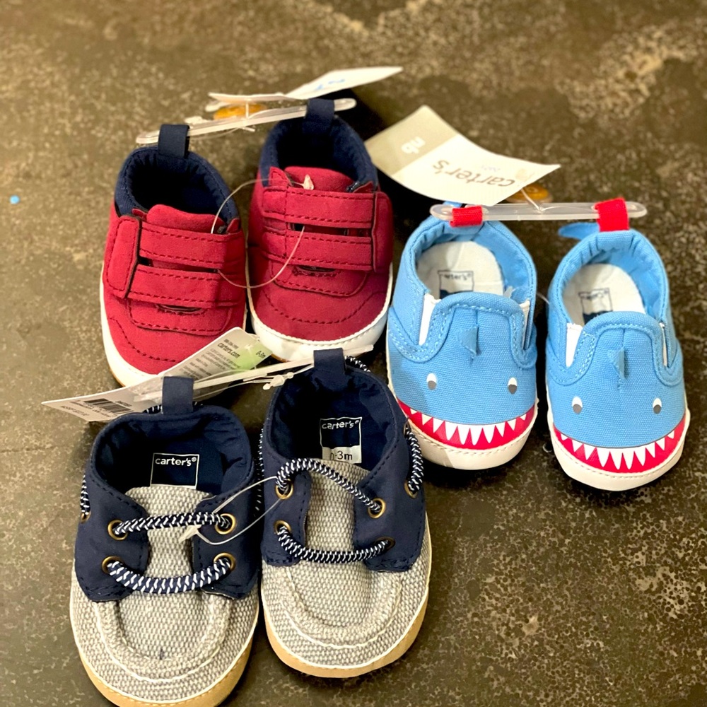 NWT bundle of newborn slip on Carter’s shoes -red NB, shark -NB, navy 0-3 -$3/20
